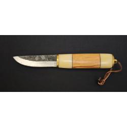 Couteau utilitaire manche os et bois avec &eacute;tui cuir