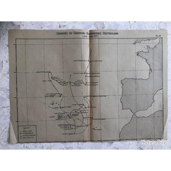Carte itin�raire CROISIERE CROISEUR-SUBMERSIBLE DEUTSCHLAND 1917, MARINE 1� guerre, Oc�an Atlantique