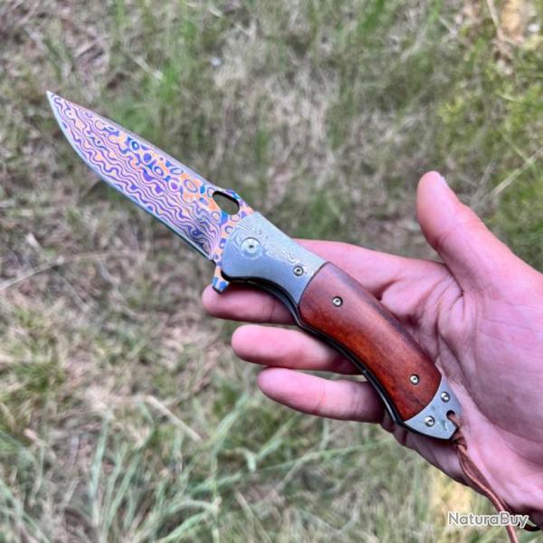 Couteau pliant artisanal lame acier damas anodis�