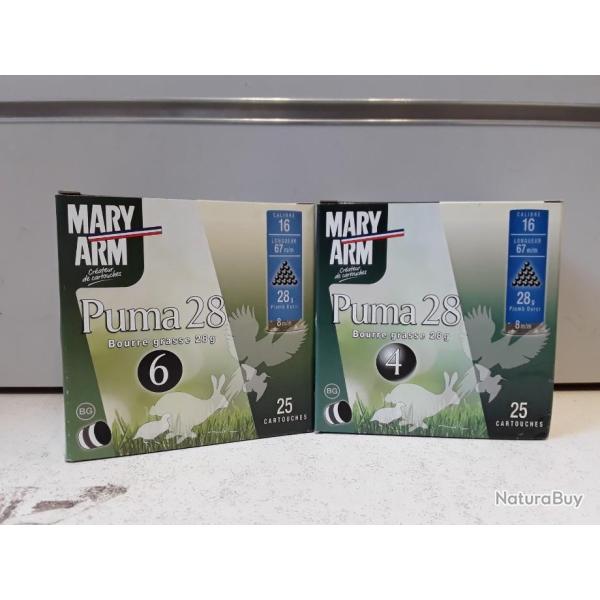 1 BOITE DE 25   CARTOUCHES MARY ARM PUMA 28 CAL16   28G BOURRE GRASSE