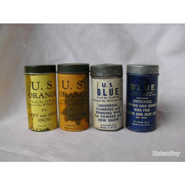 WW2 US LOT DE 4 TUBES A SKI WAX BLUE ET ORANGE AMRICAIN MILITAIRE RGLEMENTAIRE RFRENC " G.I. "