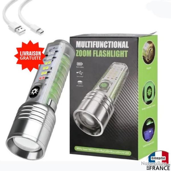 Lampe torche � main de poche rechargeable sur USB puissante forte Leds zoom Led + UV