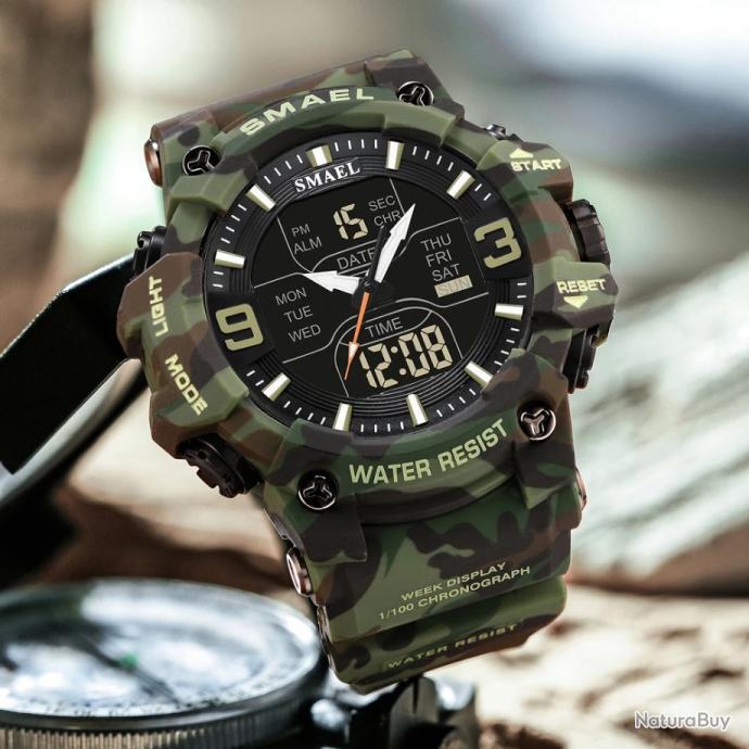 Montre Sport Militaire étanche - Homme, Numérique LED, Multifonction, Bracelet Silicone Noir