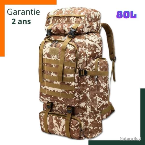 Sac � dos tactique 80 L - Grande capacit� - Imperm�able - Camouflage d�sert - Garantie 2 ans
