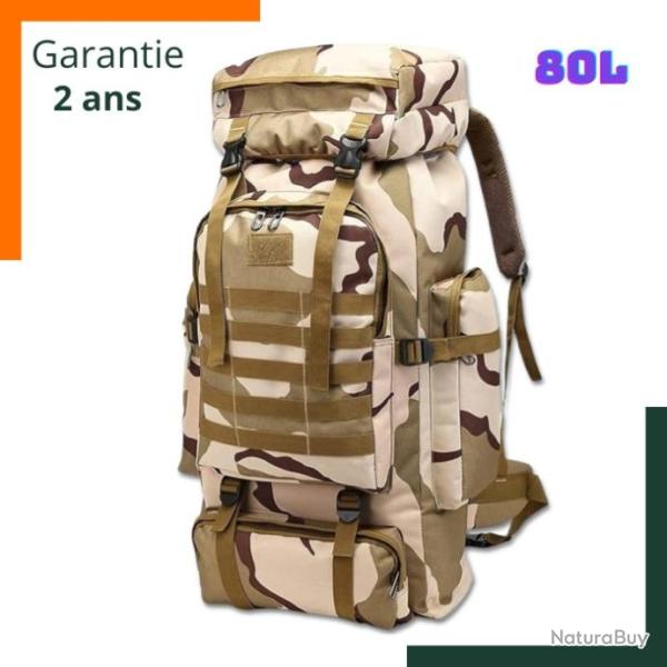 Sac � dos tactique 80 L - Grande capacit� - Imperm�able - Camouflage d�sert 2 - Garantie 2 ans
