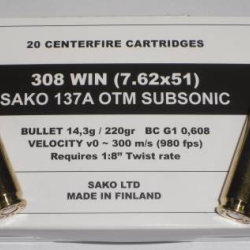 boite de 20 cartouches calibre 308  OTM sako subsonic 175 grs