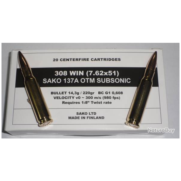 boite de 20 cartouches calibre 308  OTM sako subsonic 175 grs