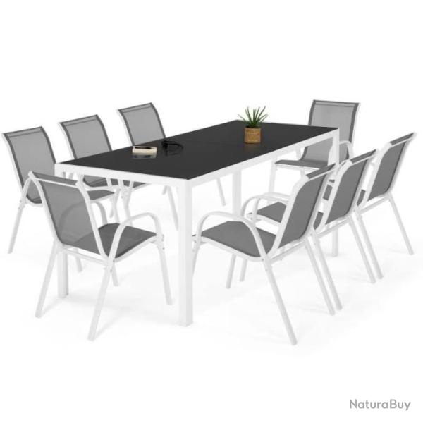 Salon de Jardin Blanc Gris - Table - 8 Chaises - Design Moderne - Jardin LIVRAISON GRATUITE