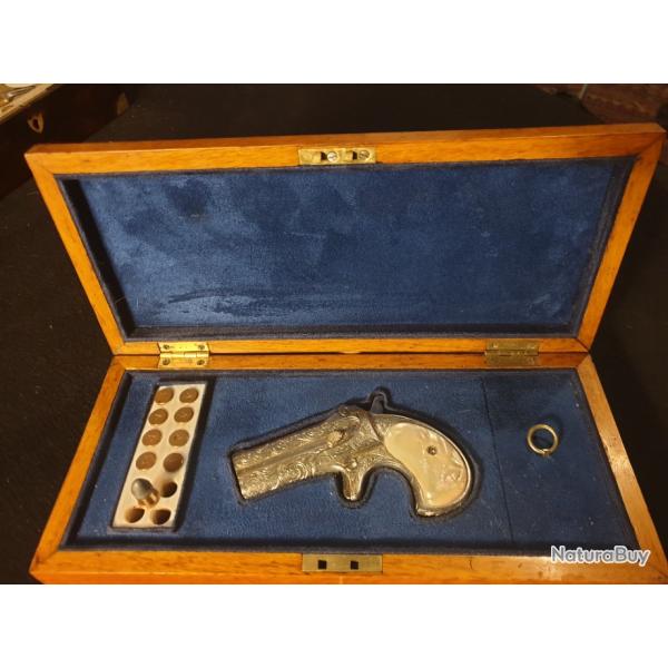 Magnifique "Derringer 95" en coffret d'�poque ou double Derringer, argent�, grav�, calibre 41 RF.
