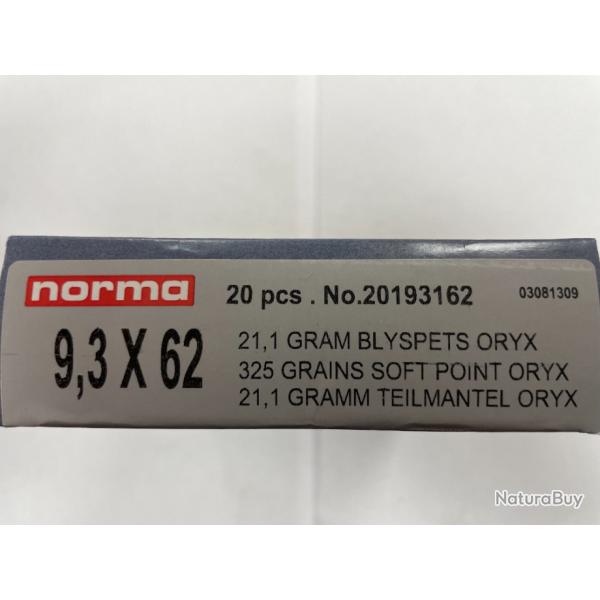 NORMA CAL9.3X62 ORIX 21.1G  BOITES DE 20 BALLES (VENDU PAR 2 BOITES)FRAIS DE PORT OFFERT.