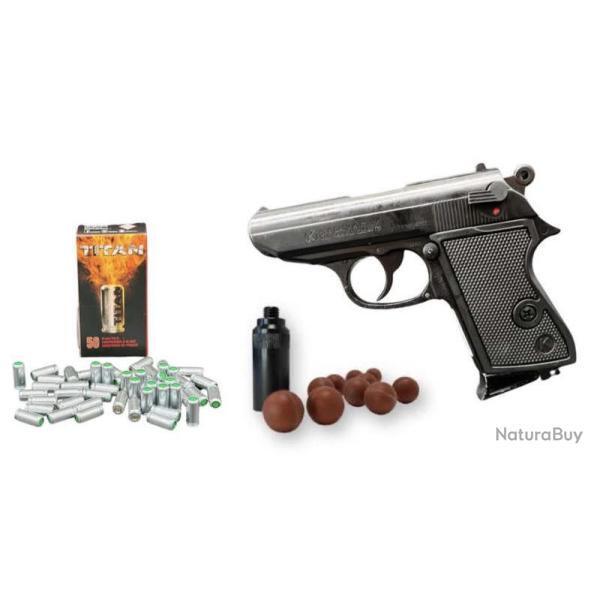 Pack d�fense Pistolet � blanc Kimar Lady r�plique Walther PPK + embout self Gomm + 10 munitions GOMM