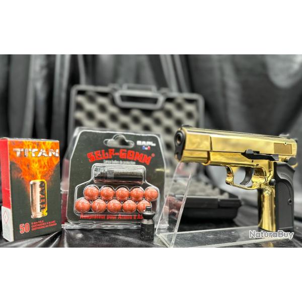 Pack d�fense pistolet + munitions + embout "SELF-GOMM"-"Browning GPDA" calibre 9MM PAK - GOLD
