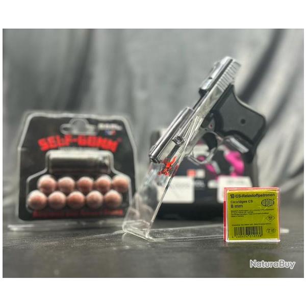 Pack d�fense Pistolet TUNA Chrome 8mm PAK + 10 Munitions CS + Embout Self Gomme