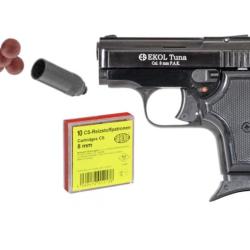 Pack d&eacute;fense Pistolet TUNA Noir 8mm PAK + 10 Munitions Wadie CS + Embout Self Gomm