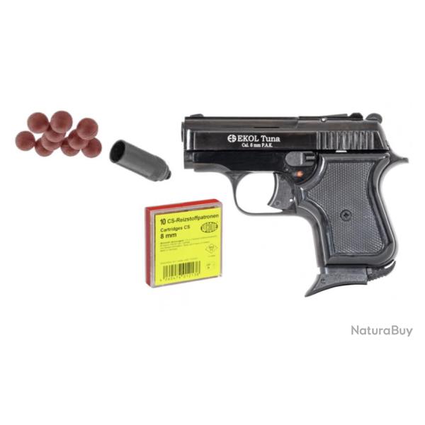 Pack d�fense Pistolet TUNA Noir 8mm PAK + 10 Munitions Wadie CS + Embout Self Gomm