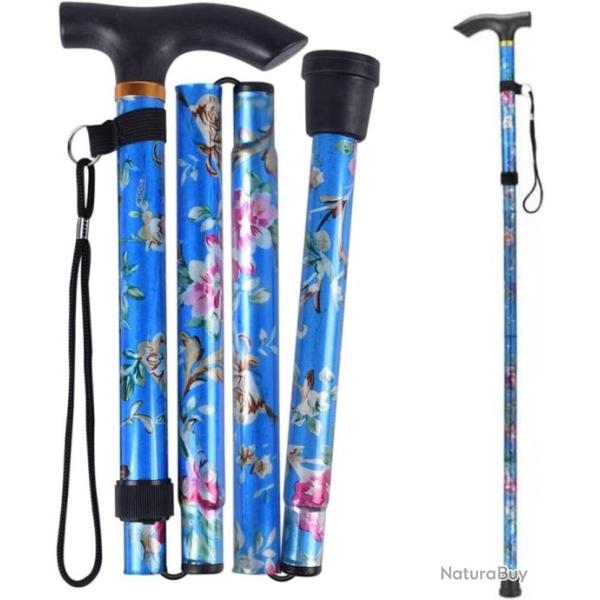 B�ton De Marche Compact Pliable Et L�ger Motif Floral Bleu R�glable 84-95 cm
