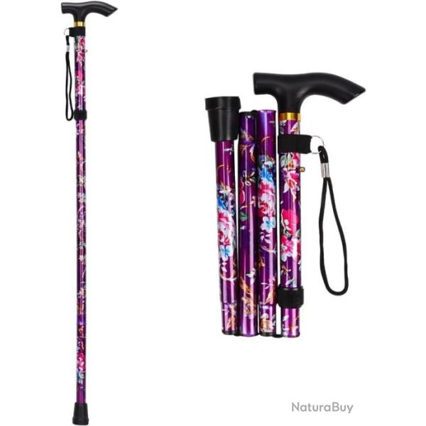 B�ton De Marche Compact Pliable Et L�ger Motif Floral Violet R�glable 84-95 cm