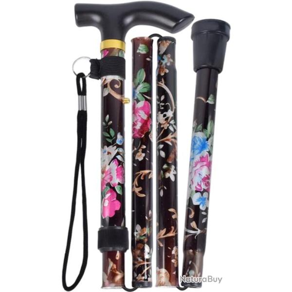 B�ton De Marche Compact Pliable Et L�ger Motif Floral Noir R�glable 84-95 cm