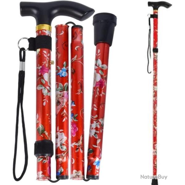 B�ton De Marche Compact Pliable Et L�ger Motif Floral Rouge R�glable 84-95 cm