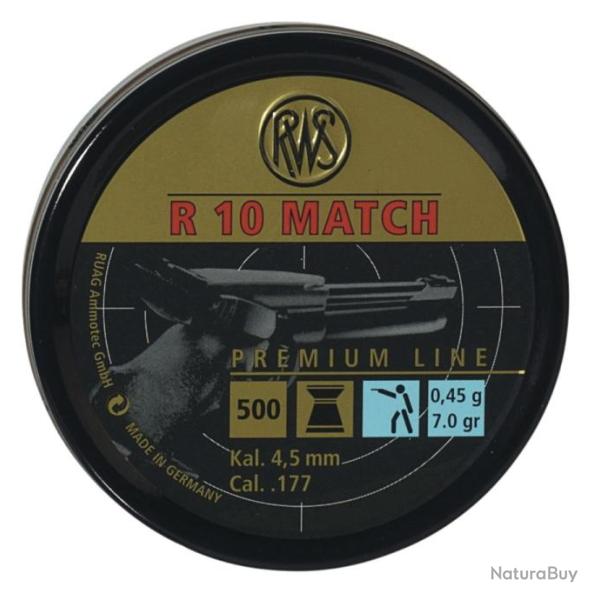 Boite de 500 plombs RWS R 10 Match Calibre 4,5 mm Poids: 0.45 g Diam�tre: 4,50 mm