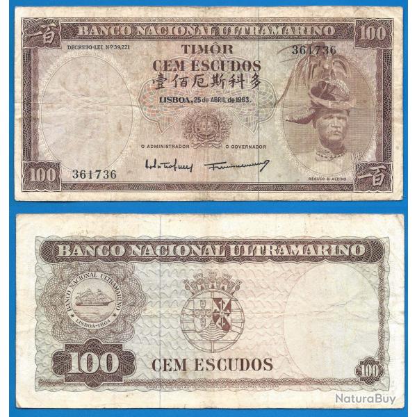 Timor 100 Escudos 1963 Billet Banco Nacional Ultramarino Occupation Portugal