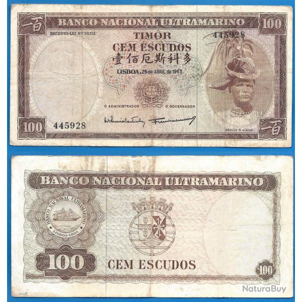 Timor 100 Escudos 1963 Billet Banco Nacional Ultramarino Occupation Portugal