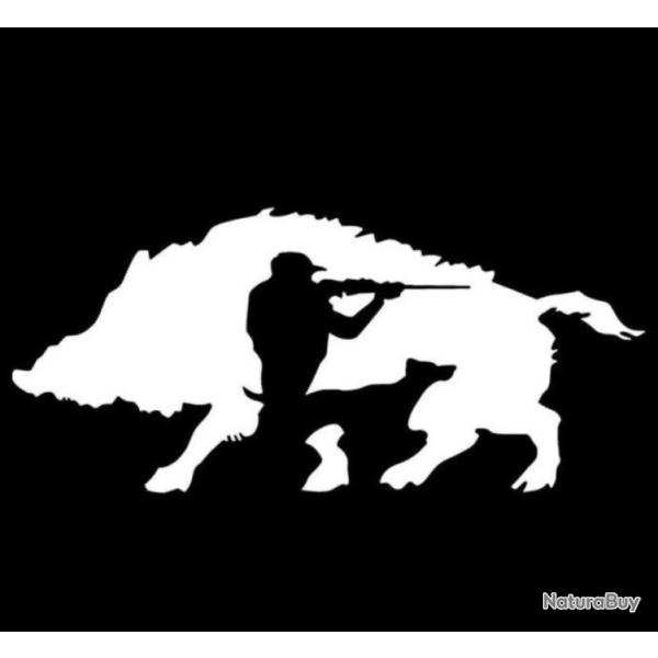 Autocollant, d�coration, voiture, cibles  - Chasse, sanglier, chien arret -  30 cm blanc