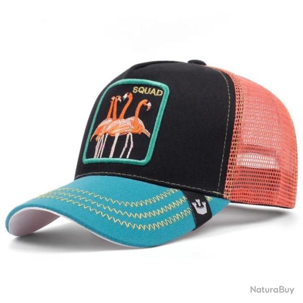 Casquette baseball arri�re ouvert avec patch animal - Flamand rose noir bleu