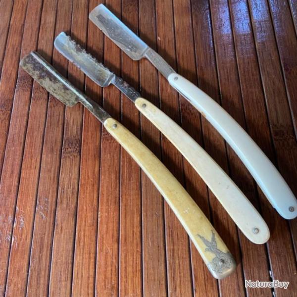 LOT DE 3 COUTEAUX RASOIR VINTAGE ANCIENS EN OS