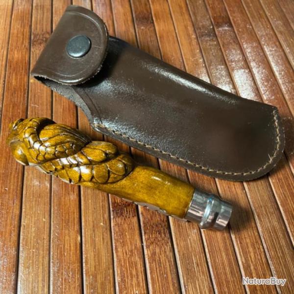 COUTEAU OPINEL CUSTOM PLIANT MANCHE EN BOIS SCULPT� � LA MAIN ARTISANALE