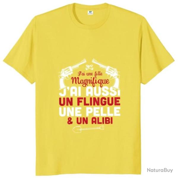 T-shirt homme "J'ai une fille magnifique, j'ai aussi un flingue une pelle et un alibi" - Jaune