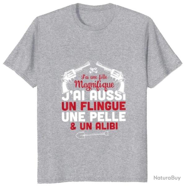T-shirt homme "J'ai une fille magnifique, j'ai aussi un flingue une pelle et un alibi" - Gris