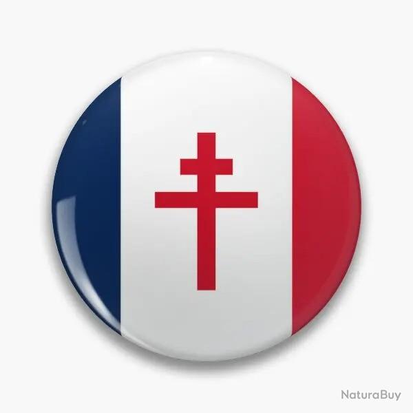 Badge croix de lorraine sur drapeau fran�ais r�sistance France libre De Gaulle - Diam�tre 38mm