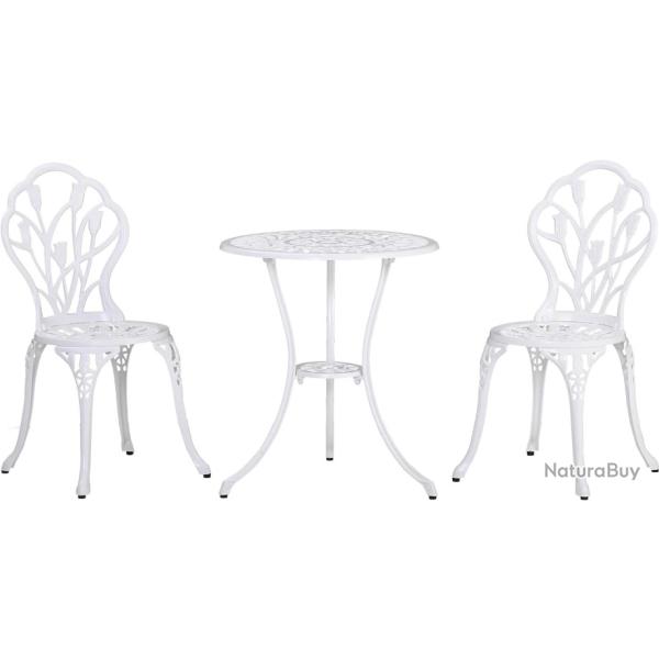 Salon de Jardin Imitation Fer Forg Blanc - Chaises - Table Ronde Fonte d'Aluminium