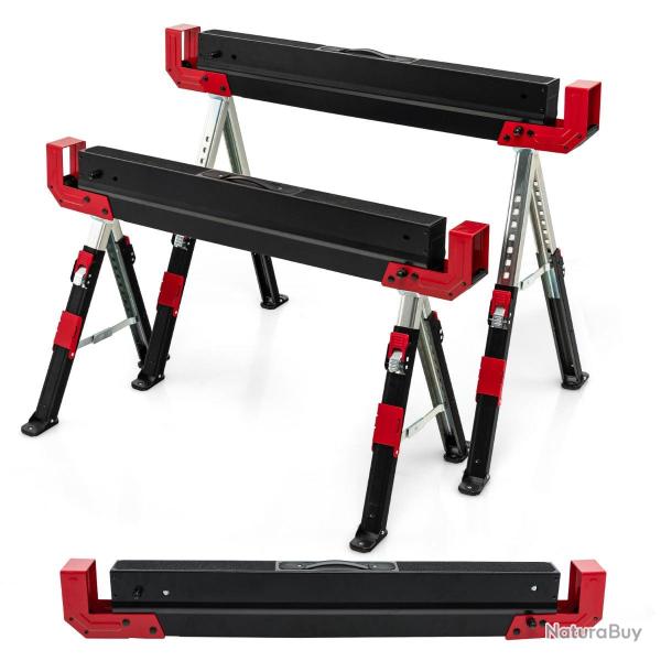 Lot de 2 tr�teaux m�talliques pieds antid�rapants hauteur a justable 61,5 � 82,7 cm noir et rouge 2