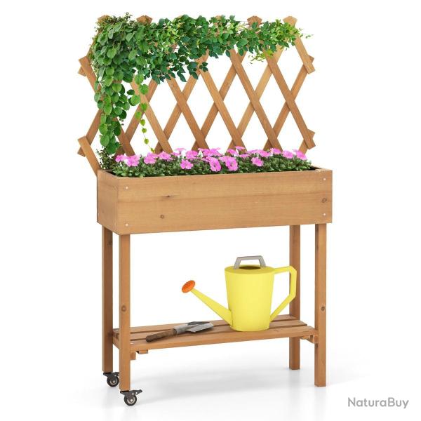Lit de jardin sur�lev� en bois avec treillis etag�re de rangement jardini�re sur�lev�e avec roues v