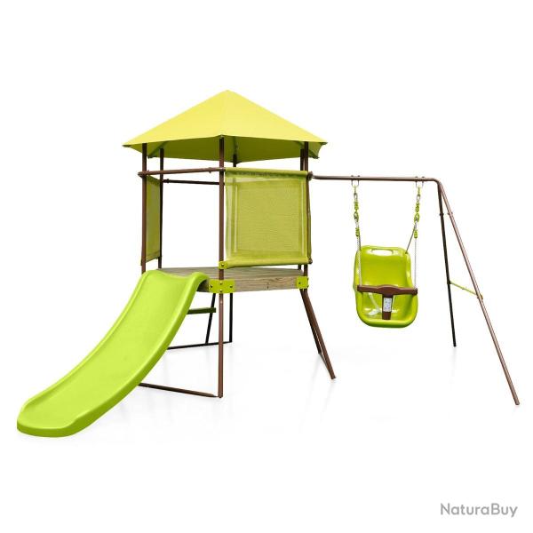 Portique de balanoire 4 en 1 pour enfants aire de jeu en mtal avec cabane couverte sige bb rg