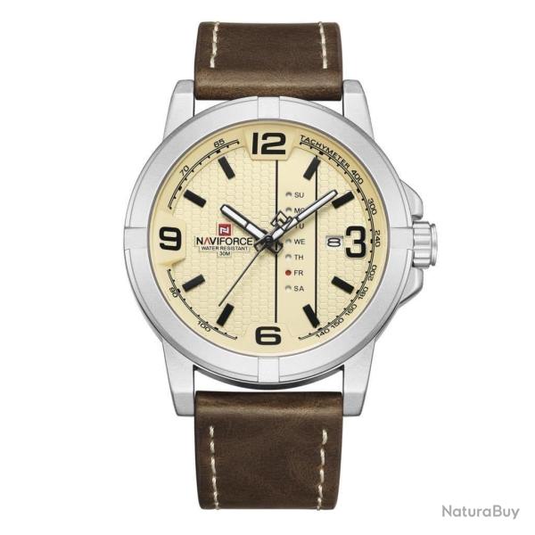Montre bracelet cuir NAVIFORCE beige/argent
