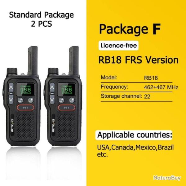 Talkie Walkie PMR 446 RB618 longue port�e - Pack F FRS 2 pcs