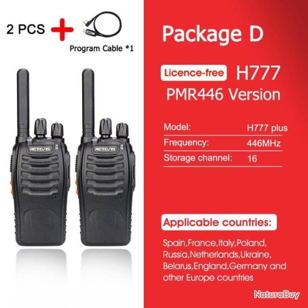 Talkie-walkie Retevis H777 PLUS Pro PTT - PMR 2PCS Cable