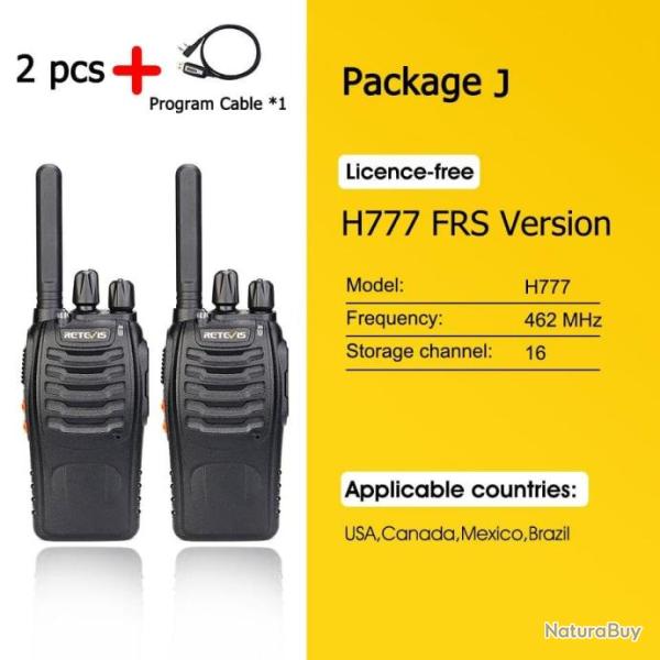 Talkie-walkie Retevis H777 PLUS Pro PTT - FRS 2PCS Cable
