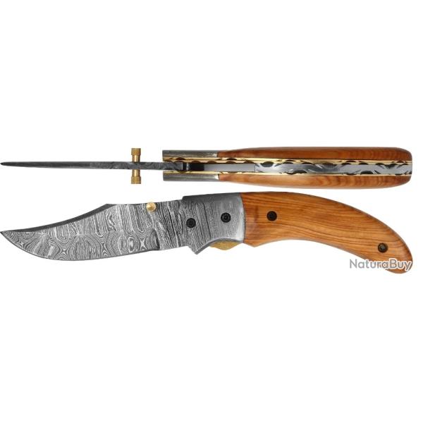 Couteau pliant Damas Berger  - Teck  - Coffret bois (2)