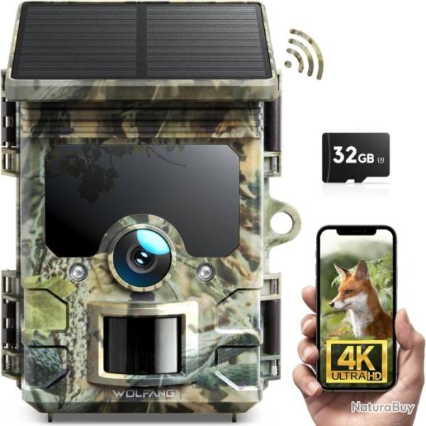 Cam�ra de Chasse Solaire 4K 30fps 46MP WiFi Bluetooth Camera Chasse avec Carte Micro SD U3 32GB