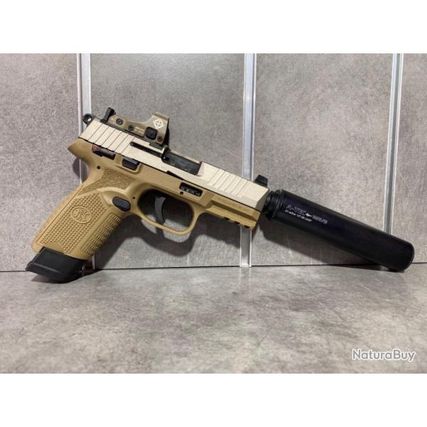 Pistolet FN Herstal Mod 502 FDE Calibre 22 Lr + Point rouge SIGHTMARK + Silencieux A-TEC