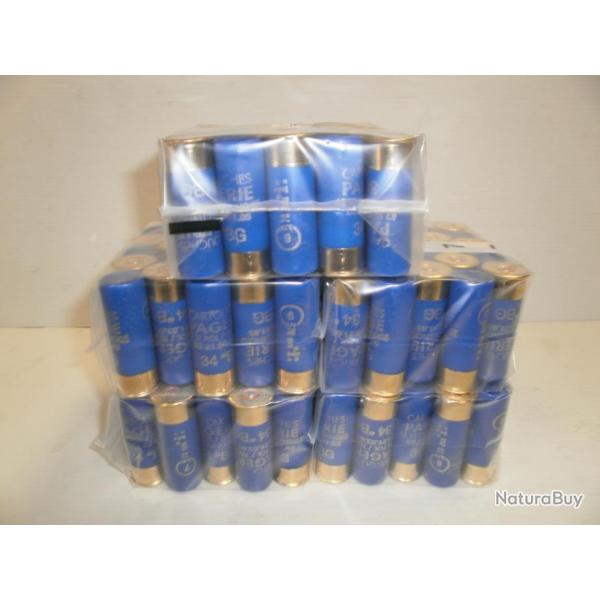 1 BOITE DE 25 CARTOUCHES BOURRE GRASSE - CAL. 12 - PAGERIE  LA BLEUE  34GR BG