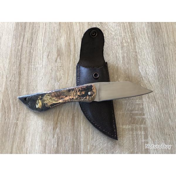 Couteau pliant � friction Le Garenne� 100% artisanal lame inox 9.5cm manche fer brasur� & �tui cuir