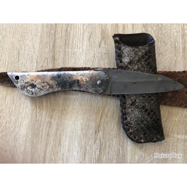 Couteau pliant � friction Le Garenne� manche fer brasure argent massif lame brute de forge inox �tui