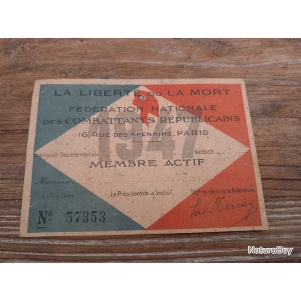 1947 carte f�d�ration nationale des combattants r�publicains