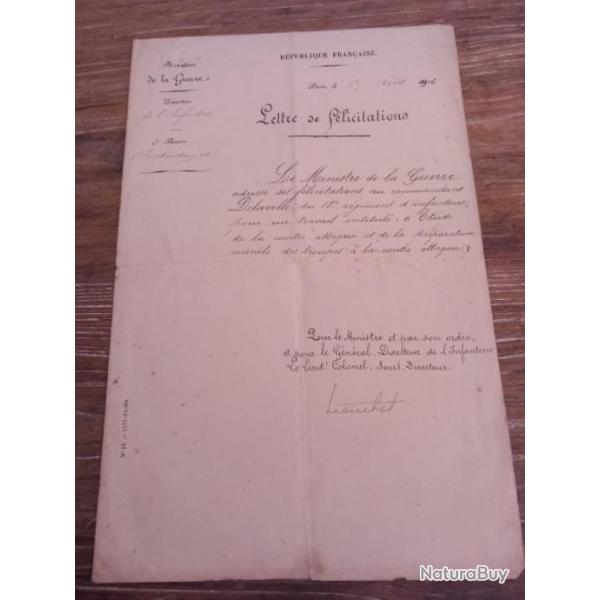 Lettre de f�licitations de 1902 Infanterie