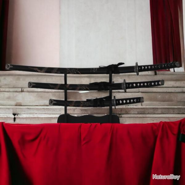 Set de 3 Katanas Wakizashi Tanto Japonais Trilogie Noire Samoura�